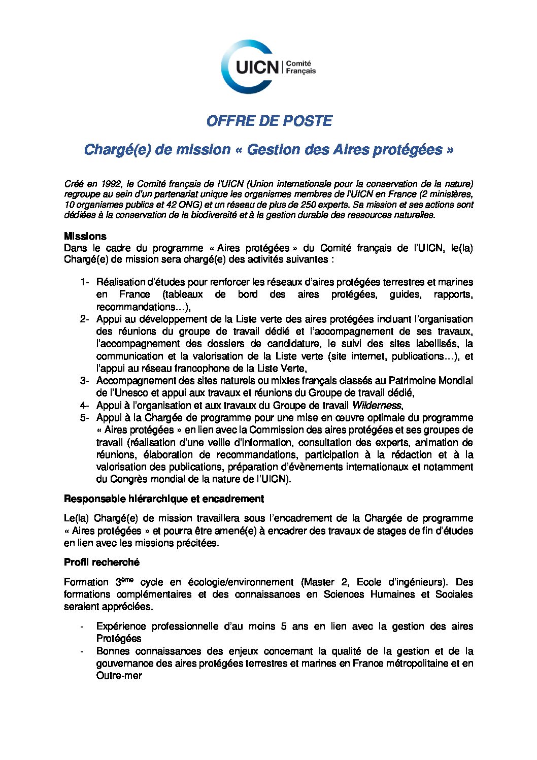 L&rsquo;UICN recherche un(e) Chargé(e) de mission « Gestion des Aires protégées »