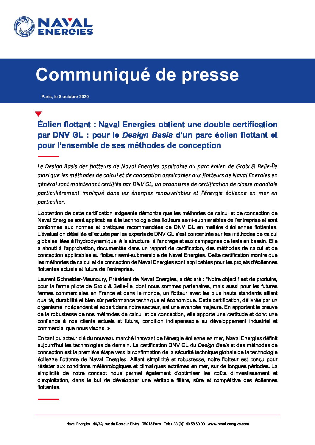 Naval Energies : Double certification pour le Design Basis d’un parc éolien flottant et pour l’ensemble de ses méthodes de conception par DNV GL