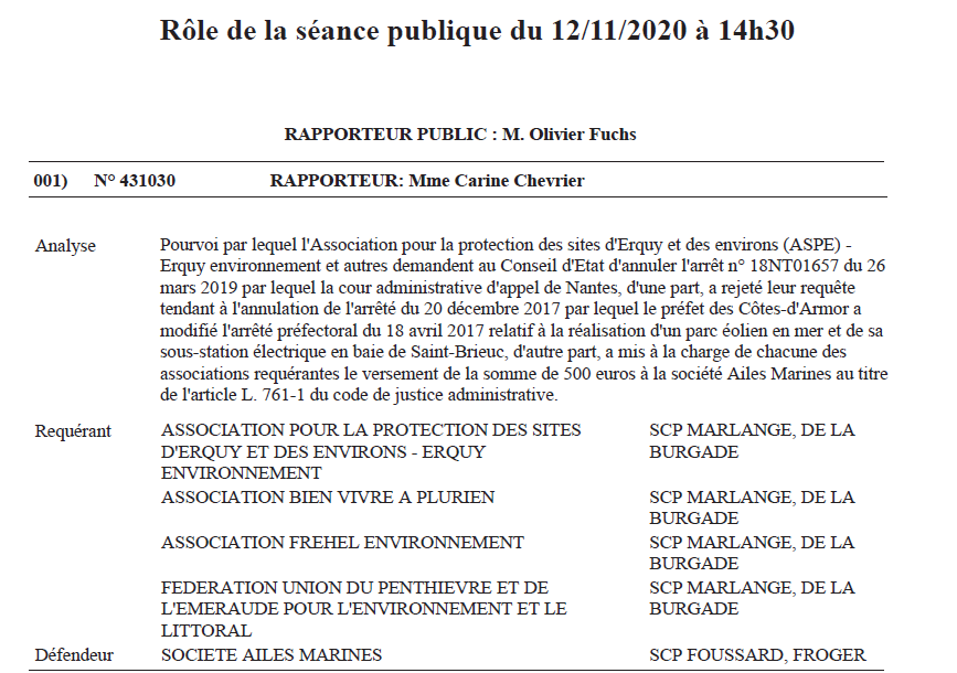 Conseil d’Etat : la demande d’annulation de l’arrêté préfectoral accordant l’autorisation de la construction du parc de Saint-Brieuc par des associations environnementales.