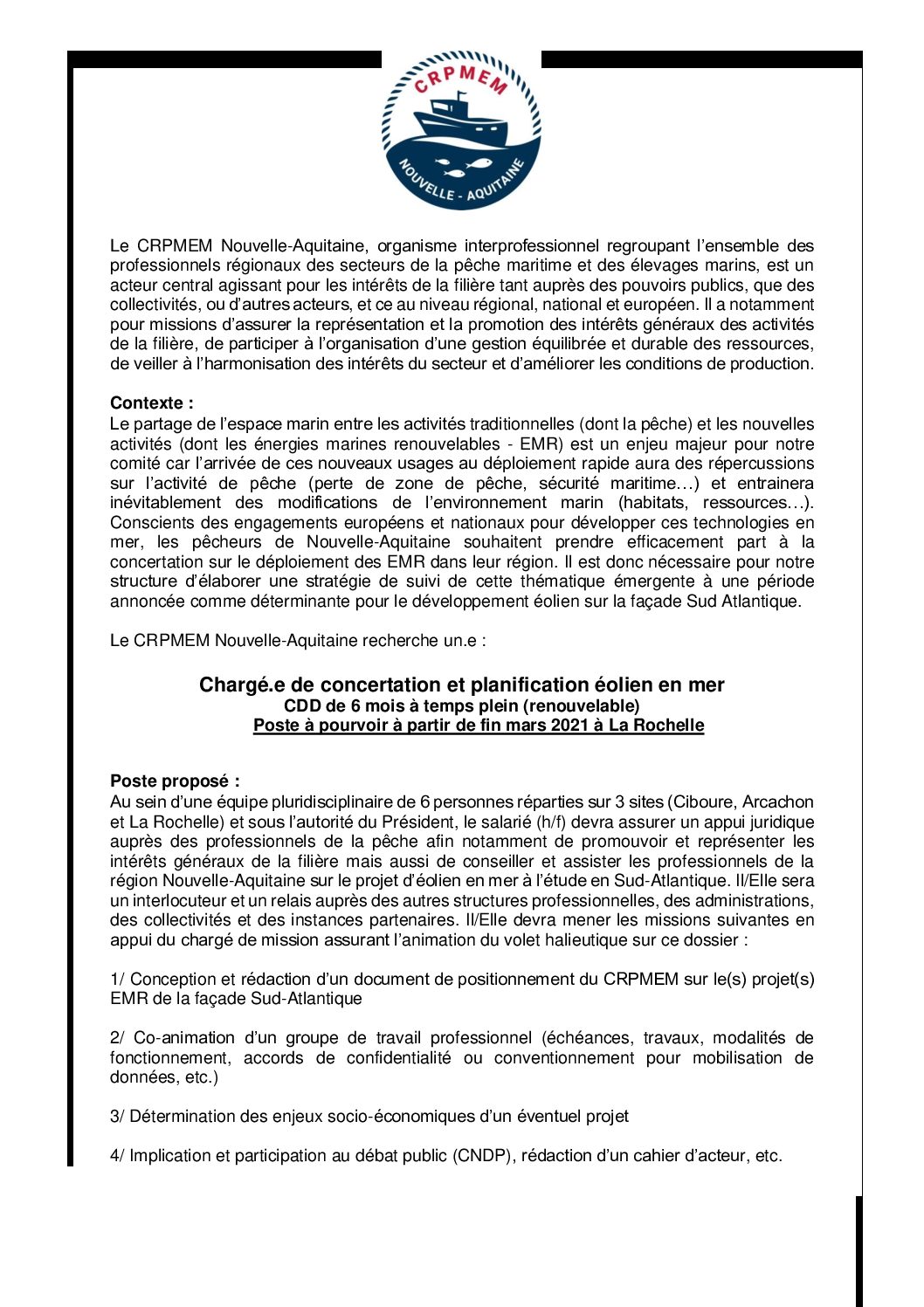 Le CRPMEM Nouvelle-Aquitaine propose un poste passionnant en CDD