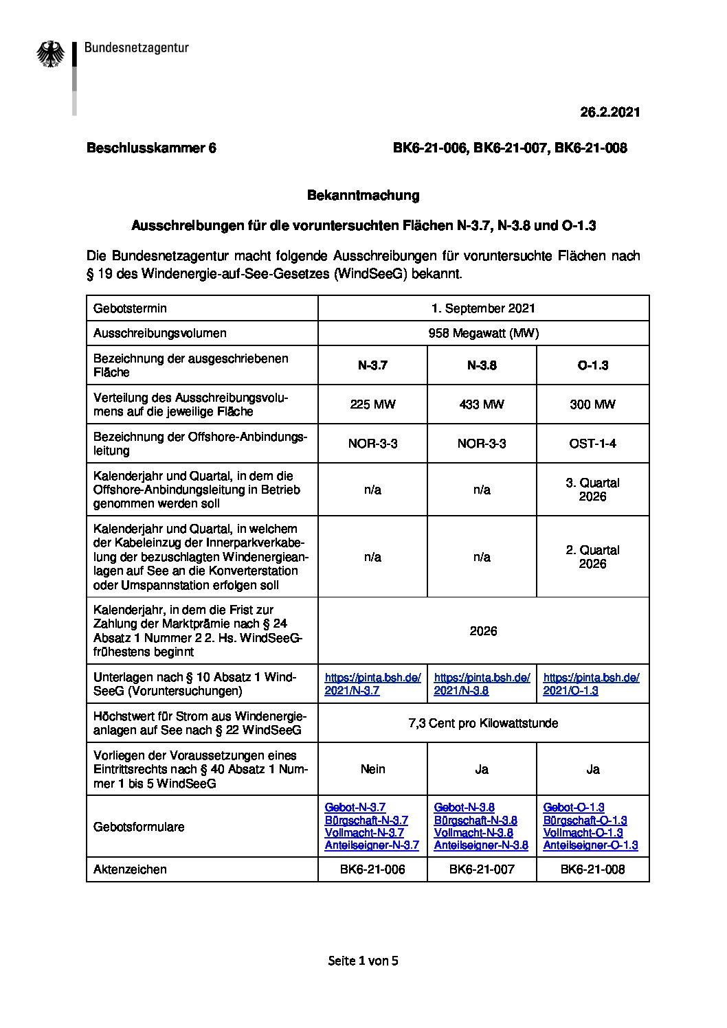 Allemagne : Nouveauté pour le lancement de l’adjudication de 9,7 GW d’éolien en mer d’ici 2025