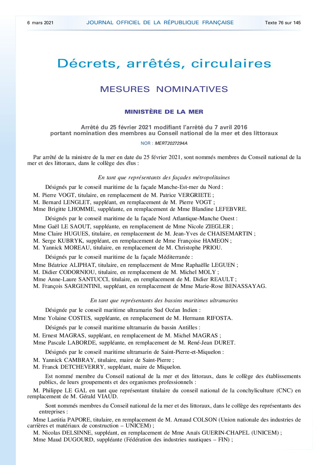 Le Conseil national de la mer et des littoraux est renouvelé
