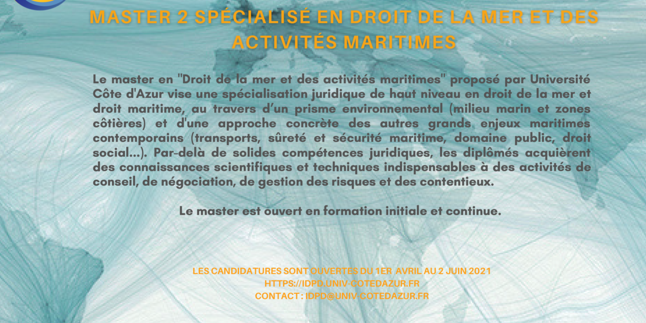 Candidatures ouvertes pour le Master 2 en Droit de la Mer et des activités Maritimes – Université Côte d&rsquo;Azur sont ouvertes !