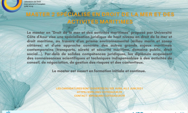 Candidatures ouvertes pour le Master 2 en Droit de la Mer et des activités Maritimes – Université Côte d&rsquo;Azur sont ouvertes !