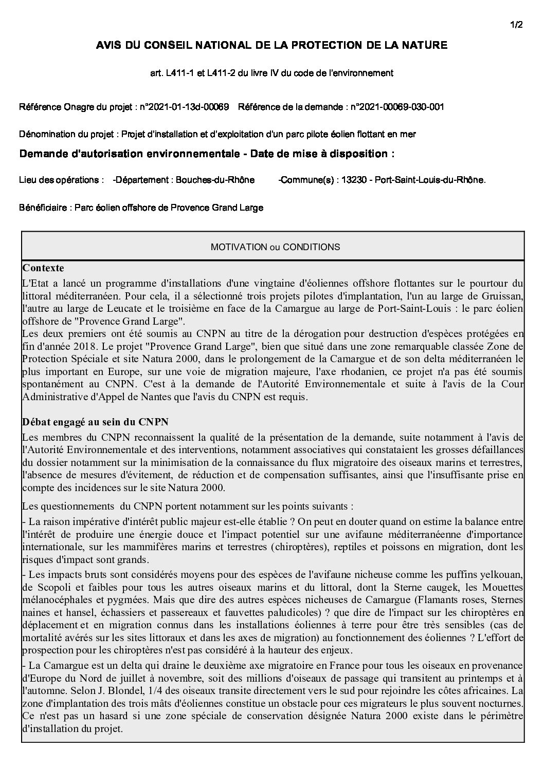Avis du Conseil national de la protection de la nature