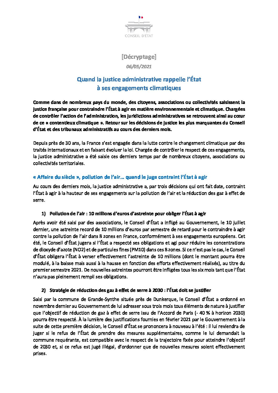 Conseil d’État : « Quand la justice administrative rappelle l’État à ses engagements climatiques »