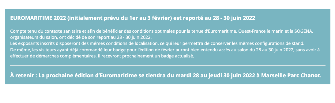 Le salon Euromaritime est reporté au 28, 29 et 30 juin 2022