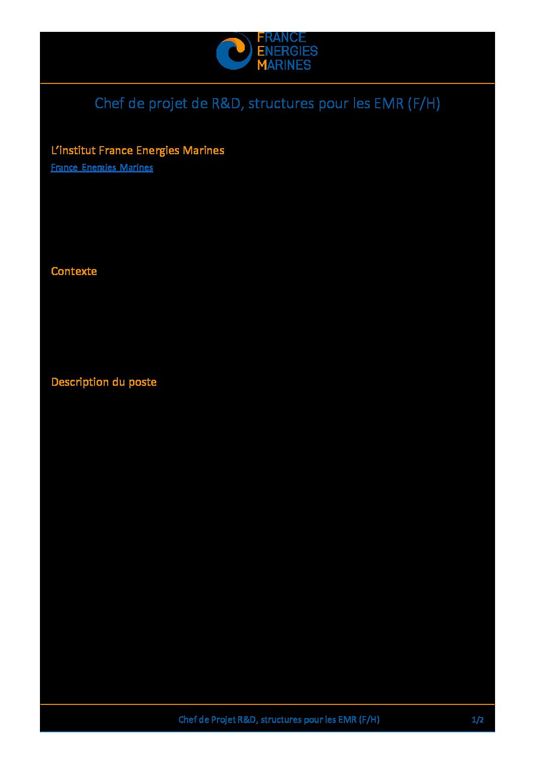 FEM recherche un Chef de projet de R&D, structures pour les EMR