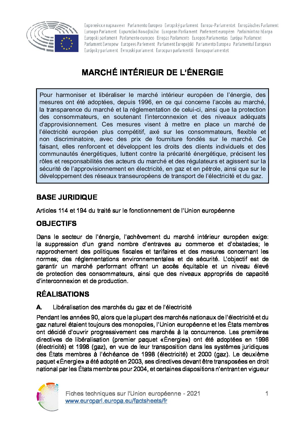 Marché intérieur de l’énergie – Parlement européen