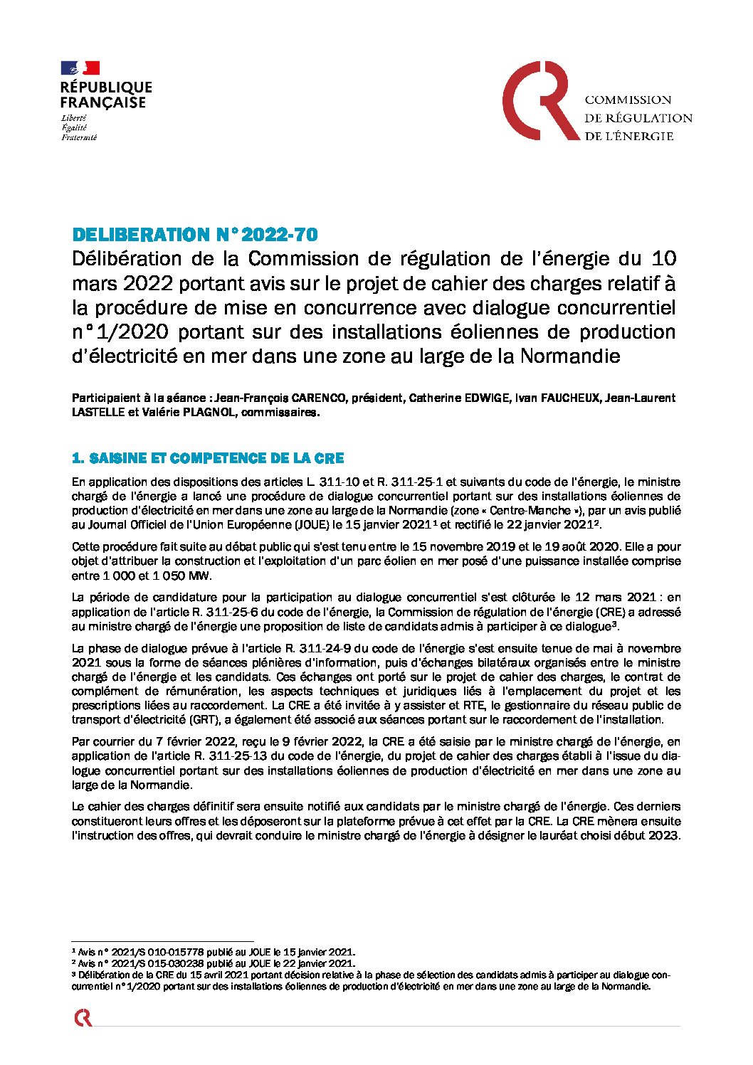 Appel d&rsquo;offres A04 : La CRE publie son avis sur le projet de cahier des charges du parc éolien en mer au large de la Normandie