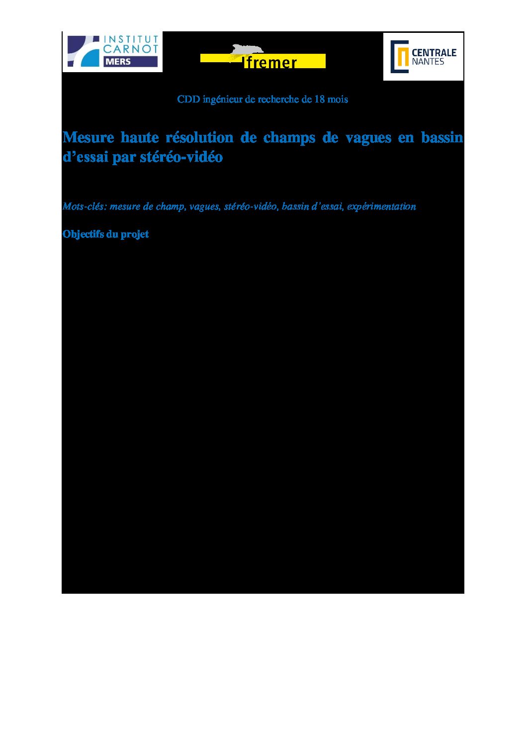 Ifremer : un CDD Ingénieur de recherche pour la « Mesure haute résolution de champs de vagues en bassin d’essai par stéréo-vidéo »