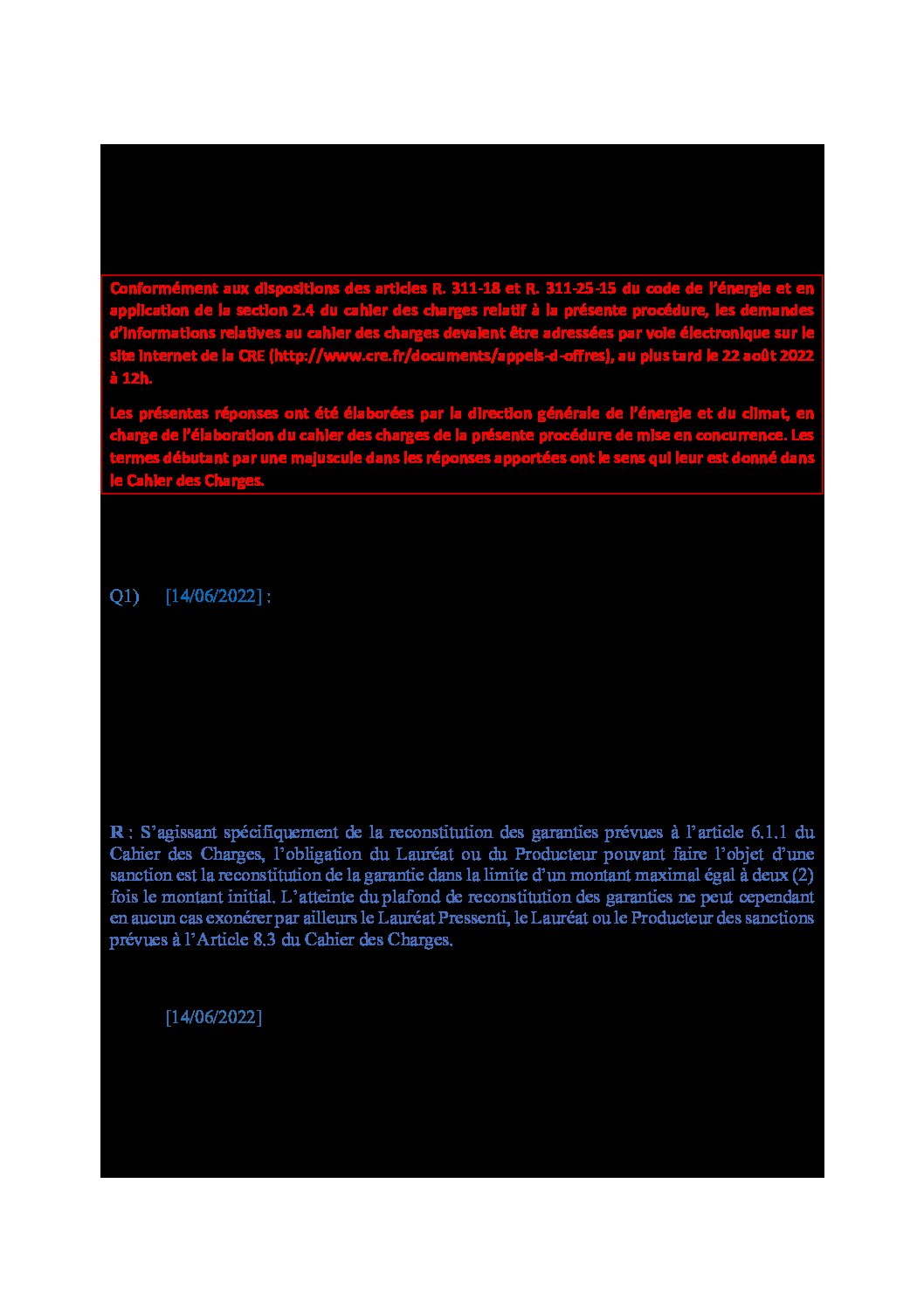 Appel d’offres AO4 : Les demandes d&rsquo;informations des candidats sur le Cahier des Charges sont publiques