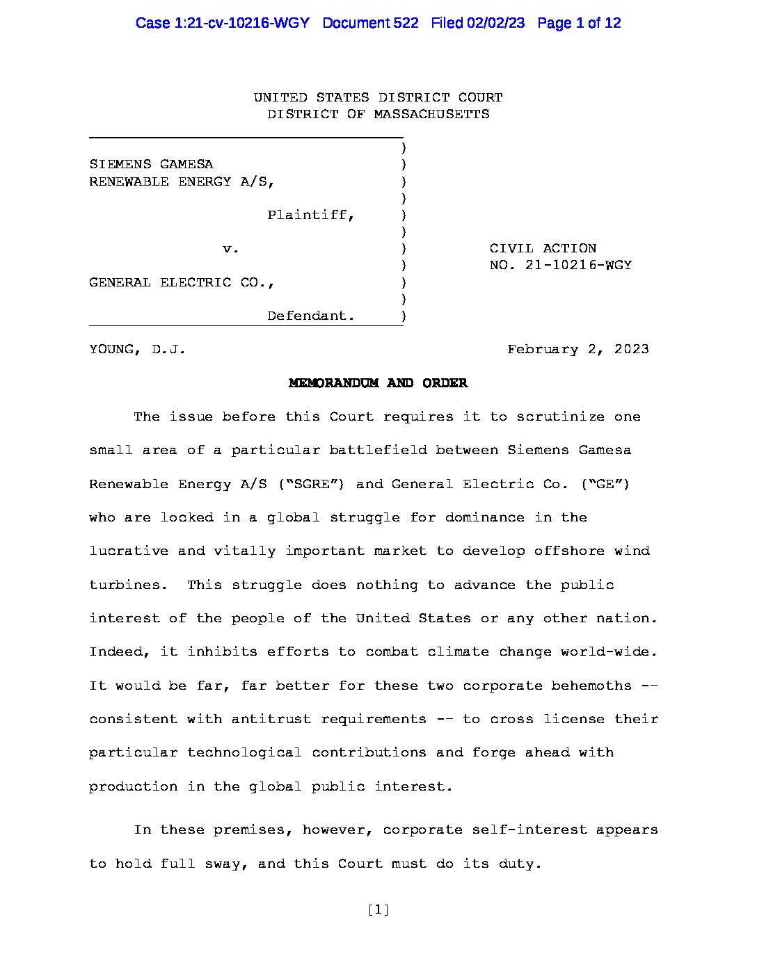 Le juge William Young  renforce la pénalité de GE au bénéfice de Siemens Gamesa