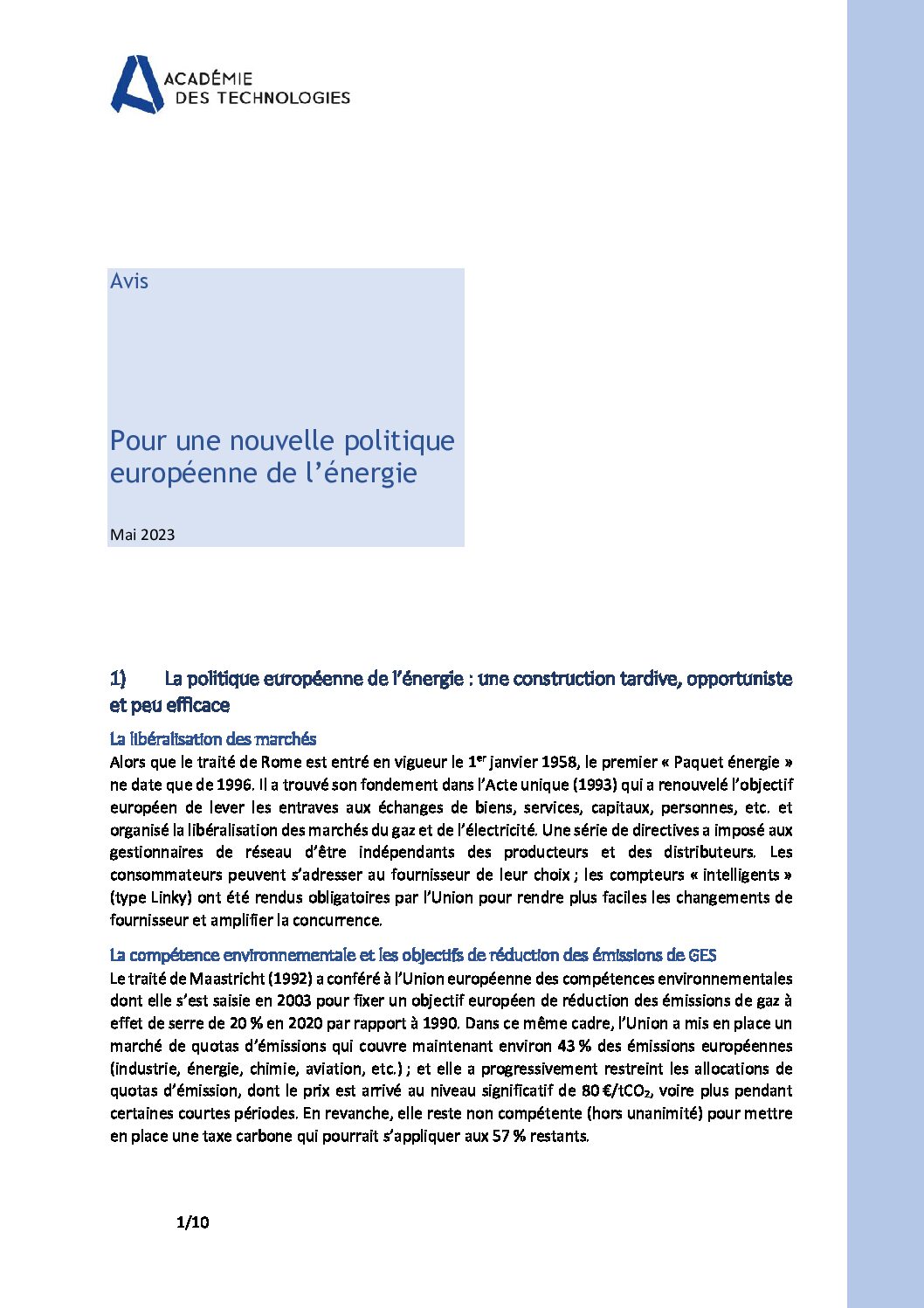 Critique de l’Académie des technologies sur la politique européenne de l’énergie : une construction tardive, opportuniste et peu efficace !