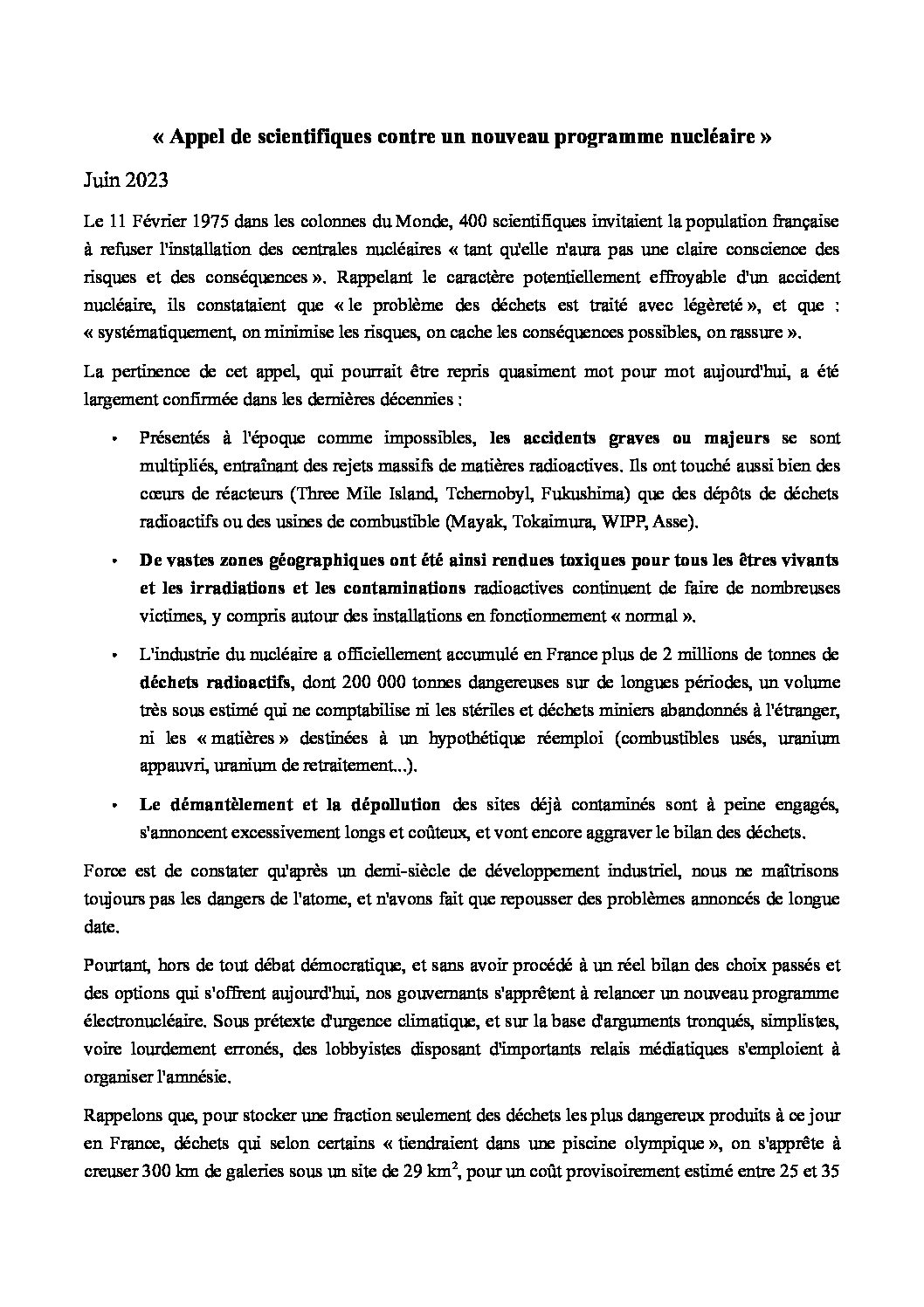 Appel de  plus de 1 000 scientifiques contre un nouveau programme nucléaire en France.