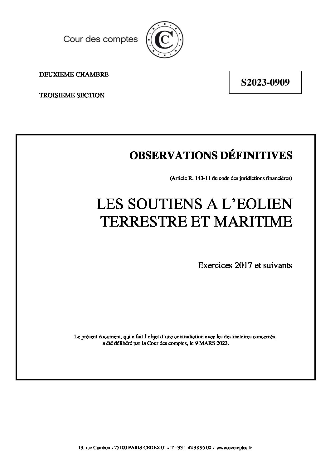 Cour des Comptes : pour l’éolien en mer et terrestre des objectifs ambitieux non atteints – 2