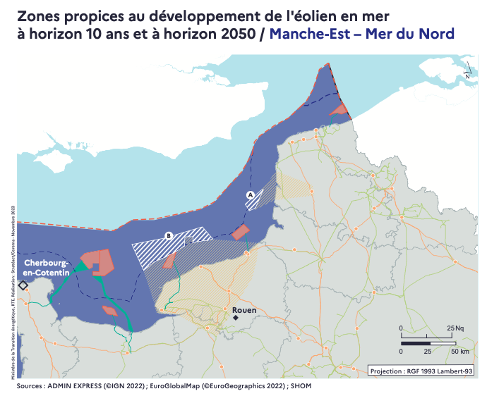 Zones propices pour de nouveaux parcs éoliens en mer sur la façade Manche Est-Mer du Nord.