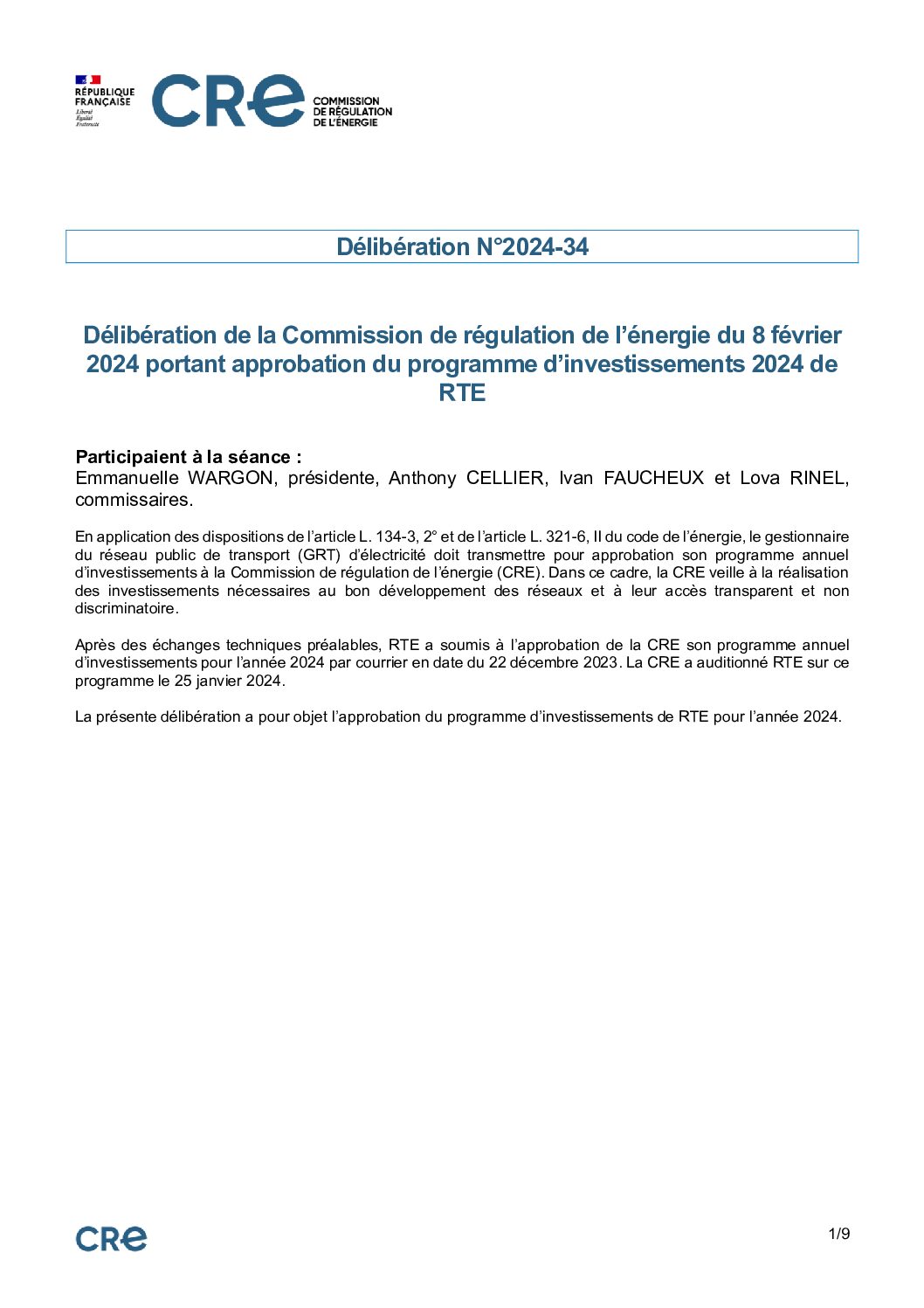 La CRE approuve le programme d&rsquo;investissements de RTE pour l&rsquo;année 2024