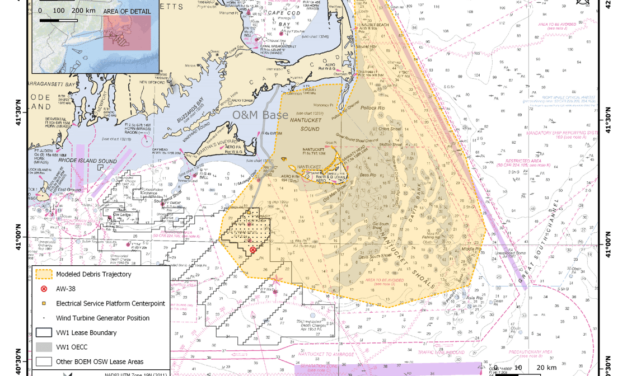 Pale de l’Haliade-X de GE Vernova du parc en mer Vineyard Wind 1 : la zone est balisée