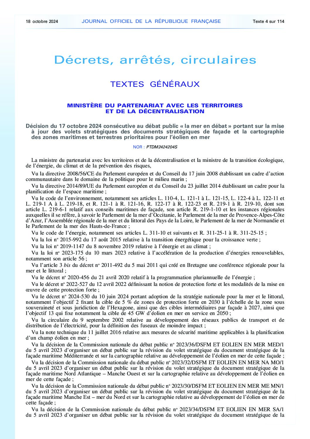 La Mer en Débat : réponse du Gouvernement avec la publication au JO du 18 octobre de la Décision du 17 octobre