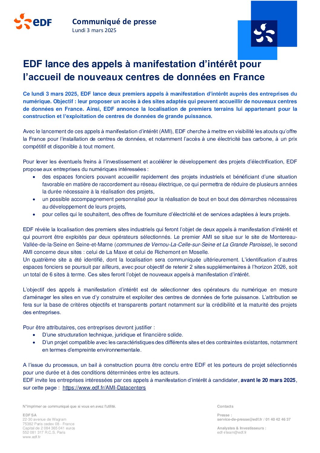 EDF lance un AMI pour des futurs Data Centers