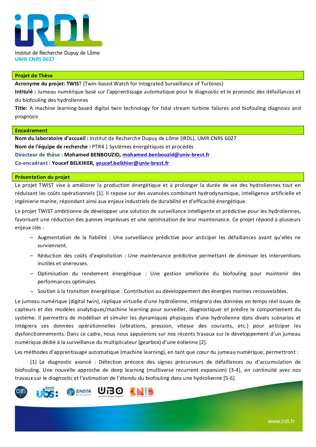 Hydrolien : Projet de Thèse TWIST – UMR CNRS 6021 IRDL/UBO