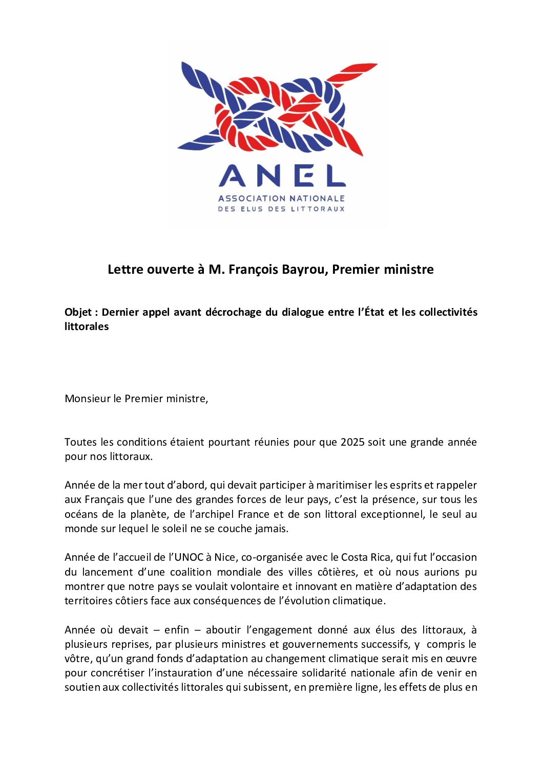 ANEL – Lettre ouverte à M. François Bayrou, Premier ministre