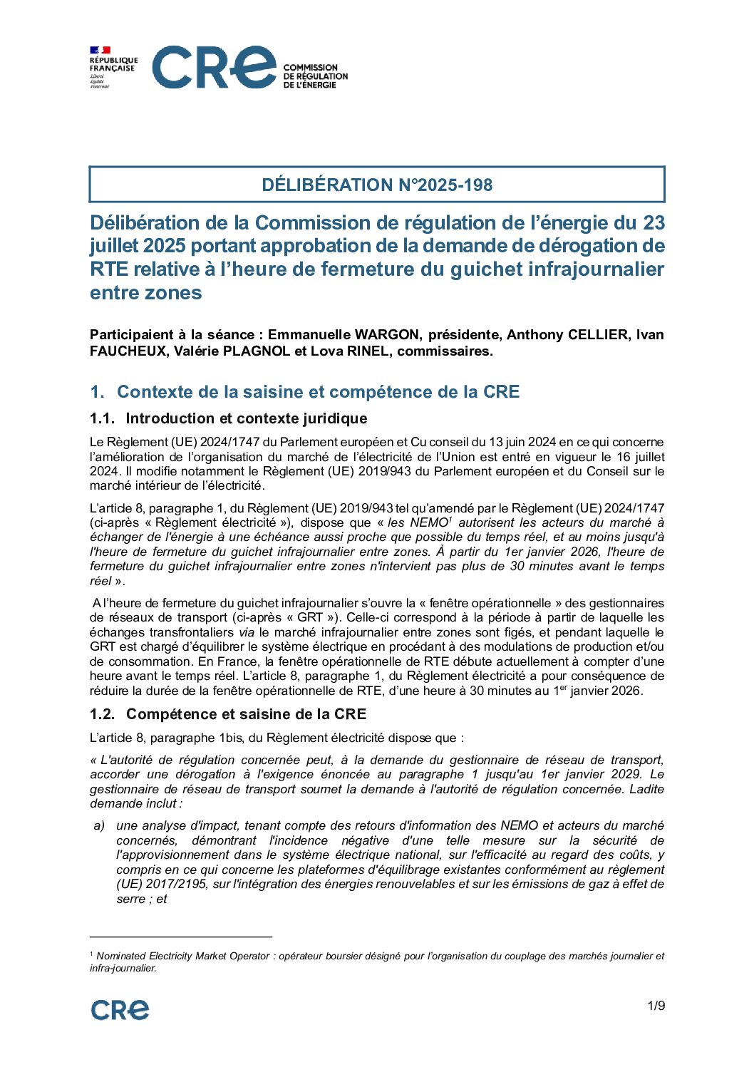 La CRE a accordé une dérogation de 3 ans à RTE pour la réduction de sa fenêtre opérationnelle