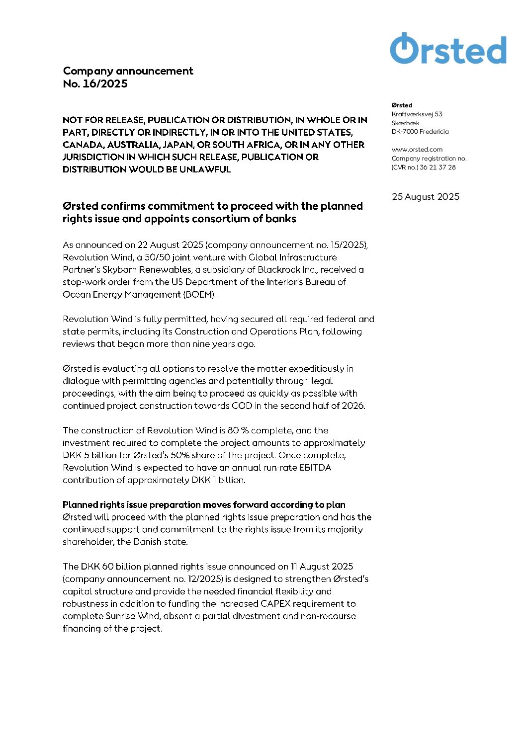 Ørsted nomme un consortium de banques pour l&rsquo;émission de droits prévue