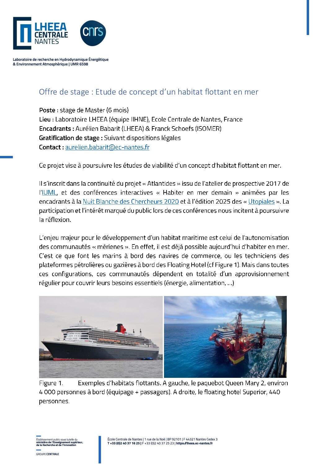 Offre de stage du laboratoire LHEEA de Centrale Nantes : Étude de concept d&rsquo;un habitat flottant en mer