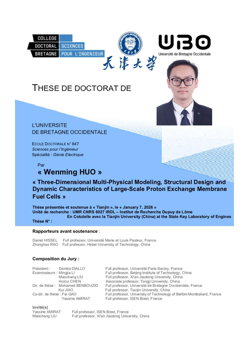 Soutenance de thèse Wenming Huo sur « la modélisation et les piles à combustibles »