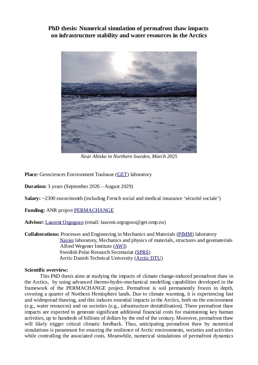 Thèse : Simulation numérique des impacts du dégel du pergélisol sur la stabilité des infrastructures et les ressources en eau dans l&rsquo;Arctique