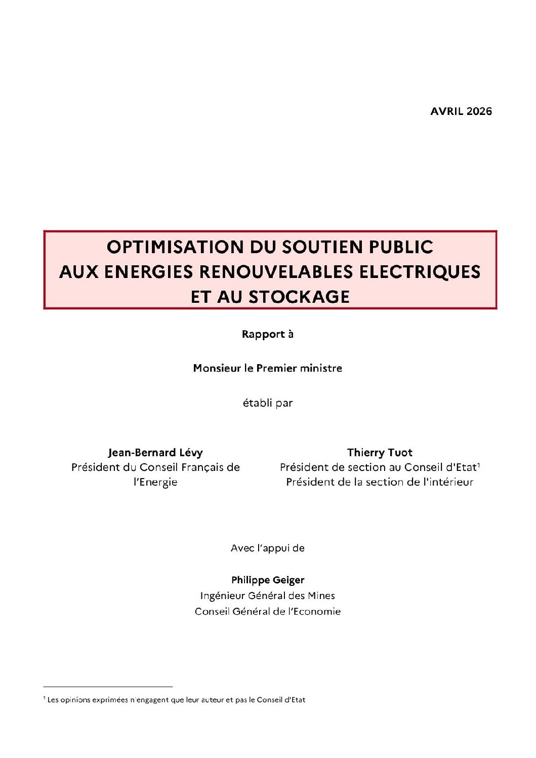 Rapport Lévy-Tuot : Optimisation du soutien public aux énergies renouvelables électriques et au stockage