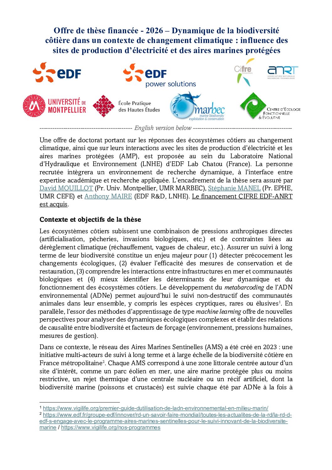 Appel à candidature : EDF et ses partenaires lancent une thèse à partir des Aires Marines Sentinelles